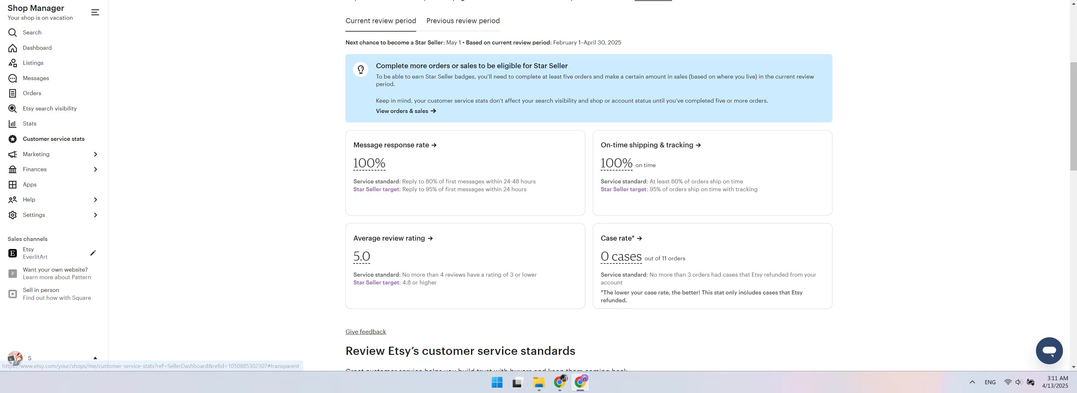 Etsy Shop Manager dashboard showing 100% response rate, 100% on-time shipping, 5.0 star rating, 0 cases
